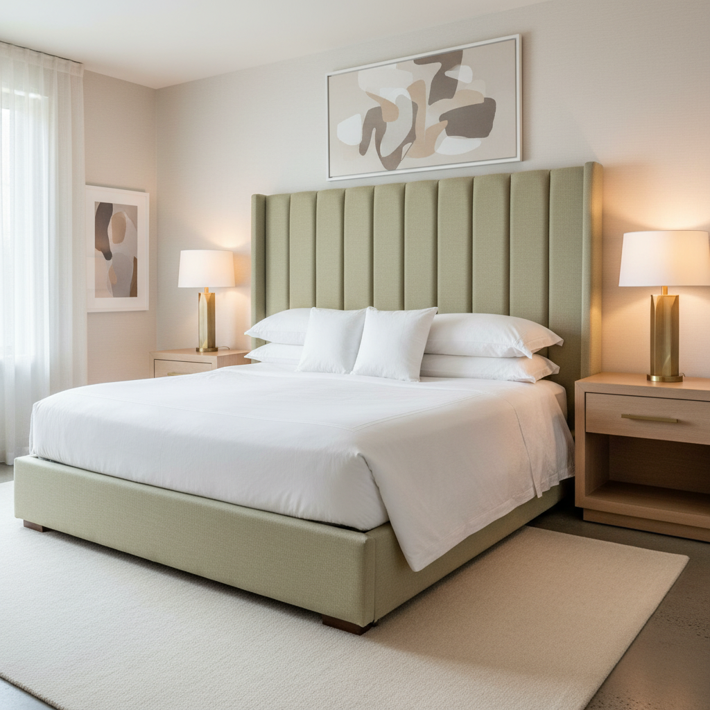 Smooth Solid Color Pale Olive Upholstered Headboard | Architectural Fabrics