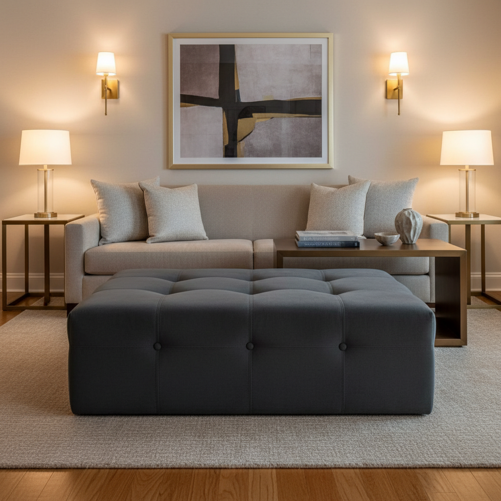 Ultrasuede  Charcoal  Black, Grey Upholstered Ottoman | Ultrasuede Upholstery