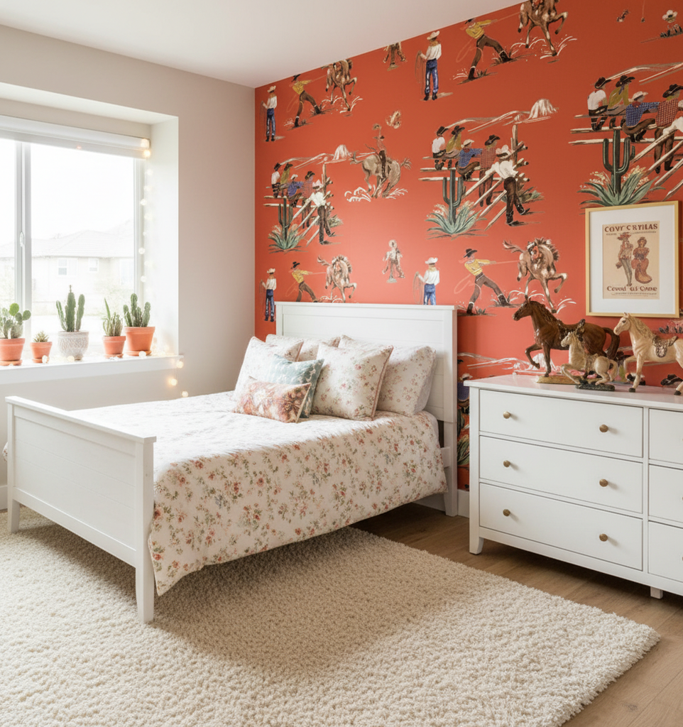 The Original Yeeha 1950's Cowboy - Orange Spice Mid-Century Modern | Architectural Wallcoverings - Girls Western Chic Bedroom Room Setting