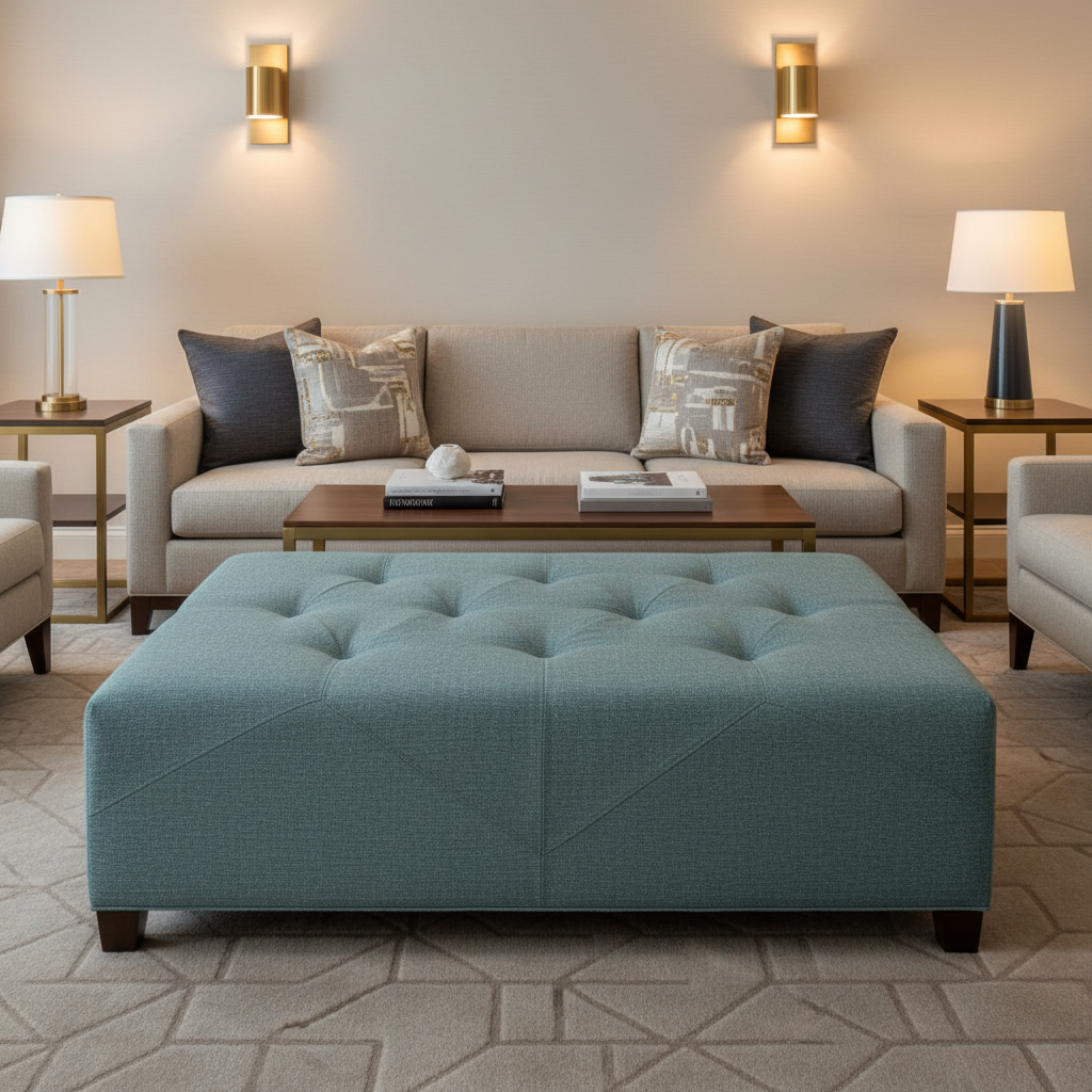 Brushed Linen Weave Dusty Teal Upholstered Ottoman | Architectural Fabrics