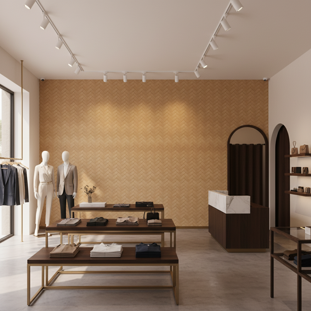 Moroccan Wooden Basketweave | Hollywood Wallcoverings - Retail Showroom commercial room setting