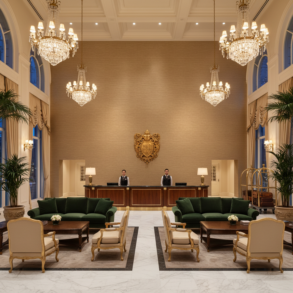 Moroccan Bronze Horizontal Tight Emboss | Hollywood Wallcoverings - Hotel Lobby commercial room setting