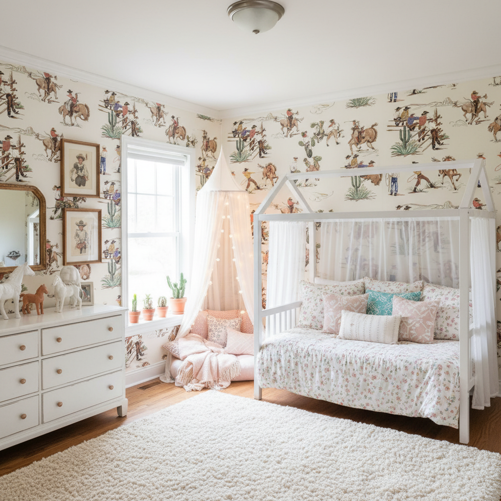 The Original Yeeha 1950's Cowboy Retro | Architectural Wallcoverings - Girls Western Chic Bedroom Room Setting