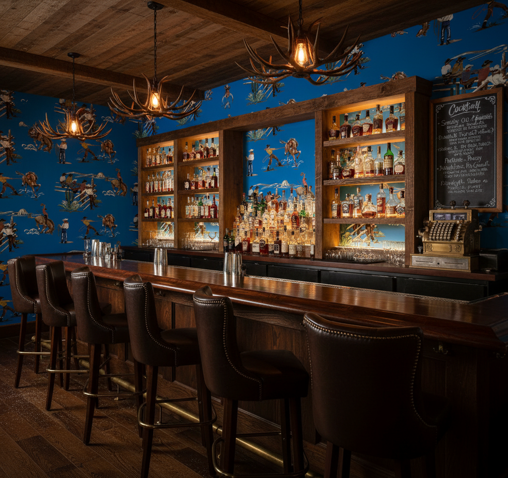 The Original Yeeha 1950's Cowboy - True Blue Mid-Century Modern | Architectural Wallcoverings - Western Bar Room Setting
