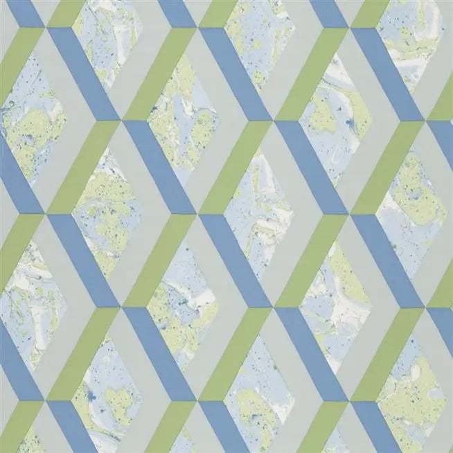 Jourdain Trellis Diamond  08 Cobalt Blue & Green Wallpaper | Designer's Guild Europe