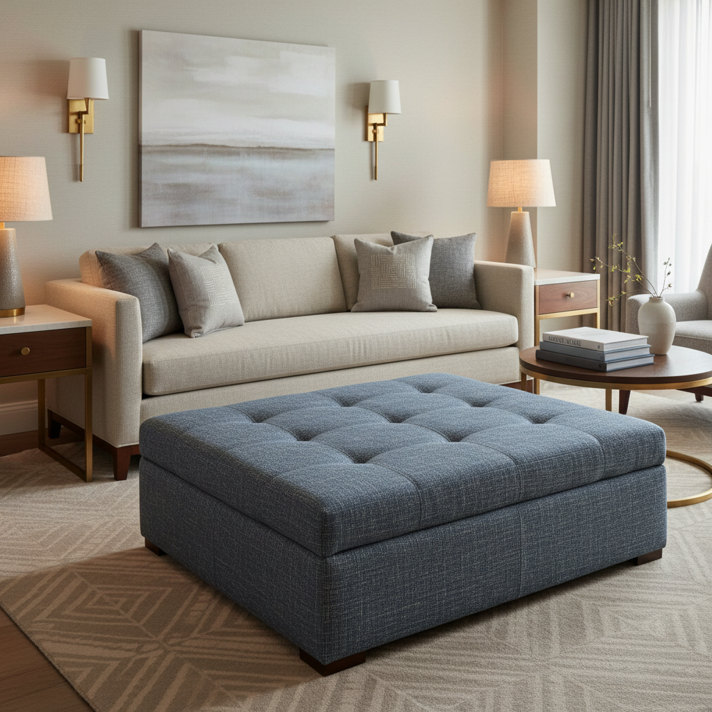 Woven Textured Crosshatch Denim Blue Upholstered Ottoman | Architectural Fabrics