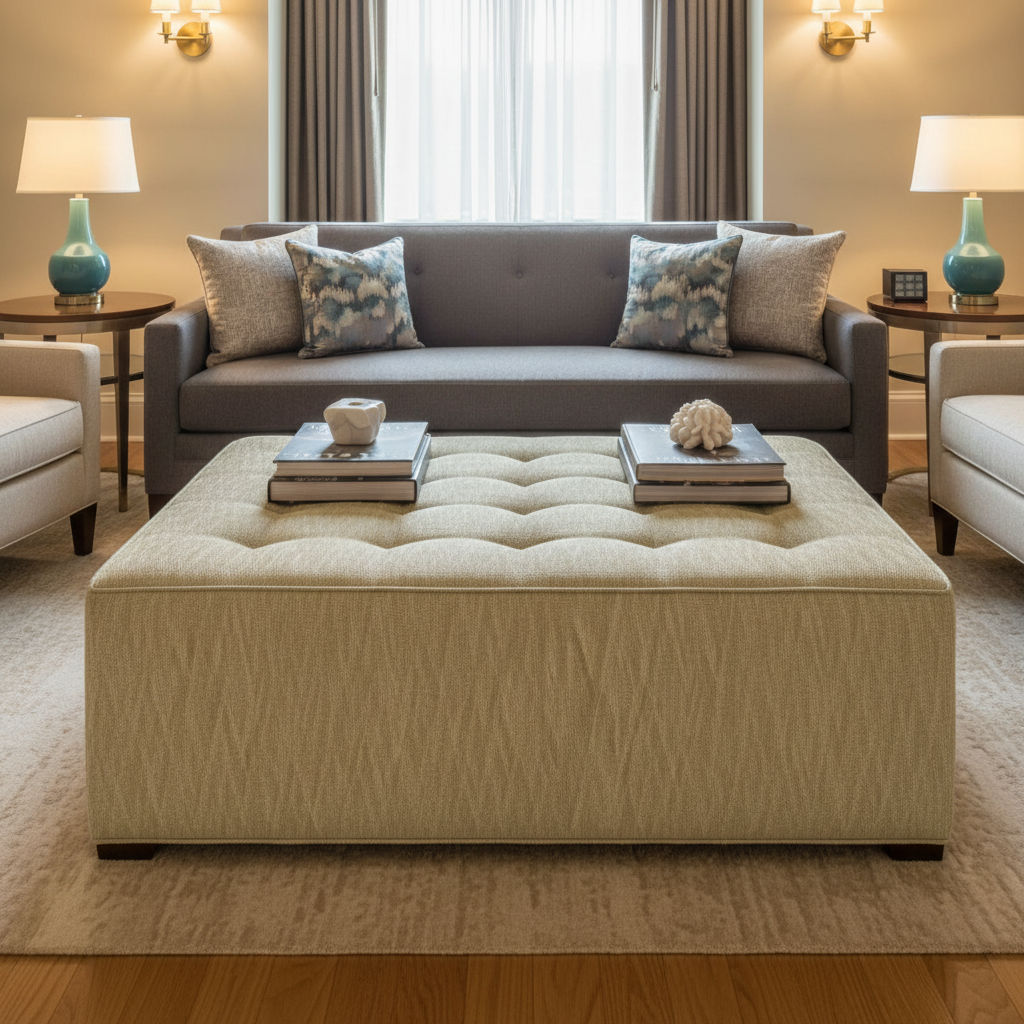 Woven Textile Texture Soft Gold Upholstered Ottoman | Architectural Fabrics