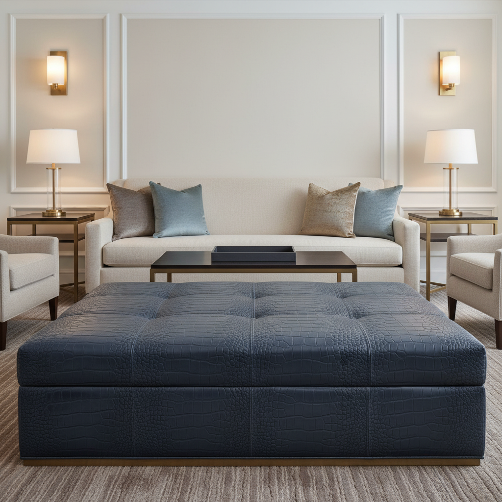Embossed Reptile Scale Deep Indigo Upholstered Ottoman | Architectural Fabrics