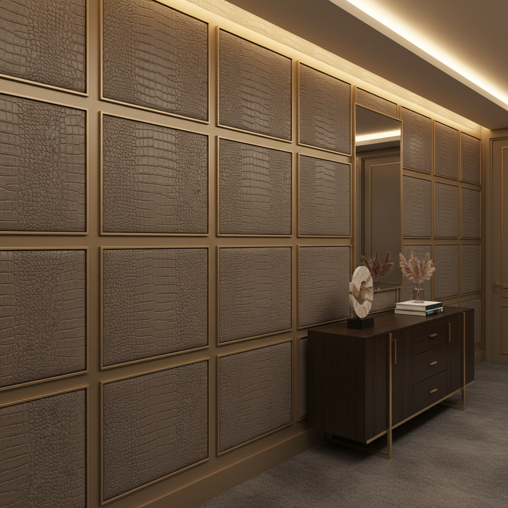Embossed Reptile Scale Mushroom Taupe Upholstered Wall Panel | Architectural Fabrics