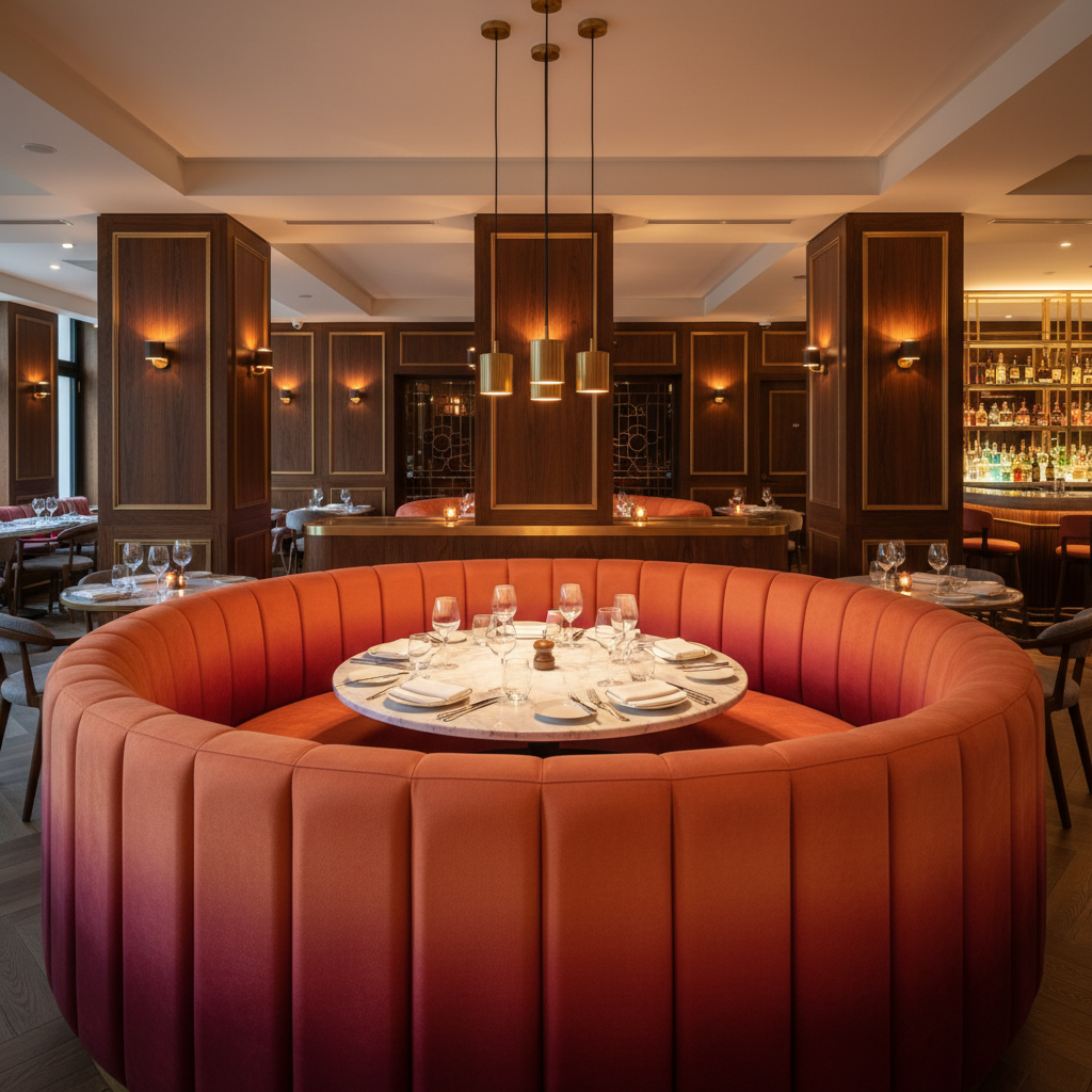 Ultrasuede  Nectarine Orange, Pink, Red Upholstered Banquette | Ultrasuede Upholstery