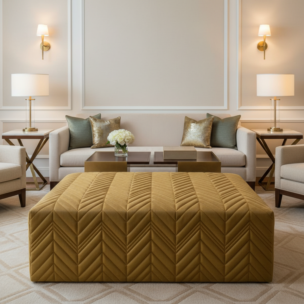Channel Chevron Pattern Golden Bronze Upholstered Ottoman | Architectural Fabrics