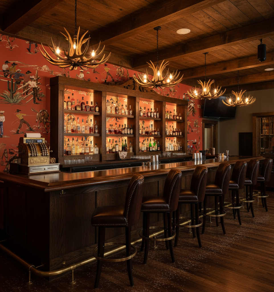 The Original Yeeha 1950's Cowboy - Orange Spice Mid-Century Modern | Architectural Wallcoverings - Western Bar Room Setting