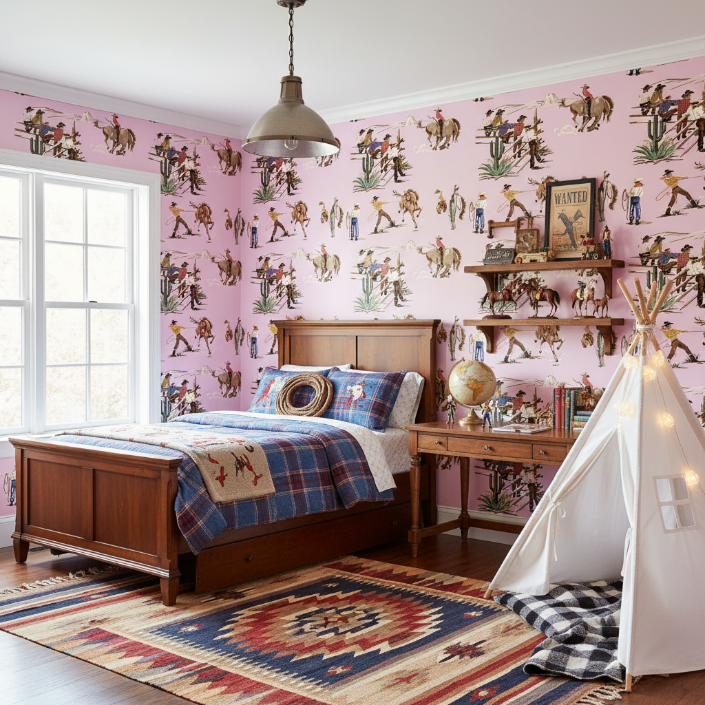 The Original Yeeha 1950's Cowboy - Pink Mid-Century Modern | Architectural Wallcoverings - Boys Adventure Bedroom Room Setting