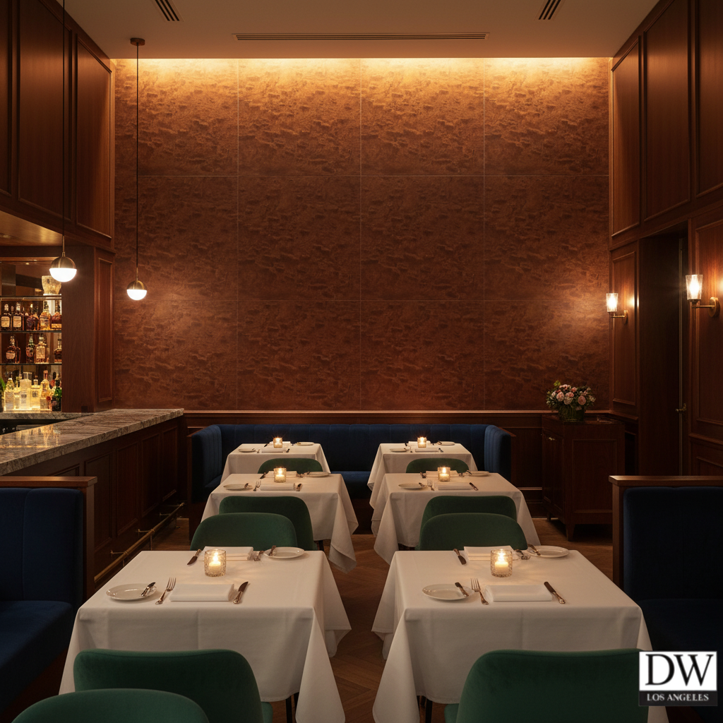 Biscay Bay Leopard Cherry Wood Grain | Hollywood Wallcoverings - Restaurant Dining commercial room setting