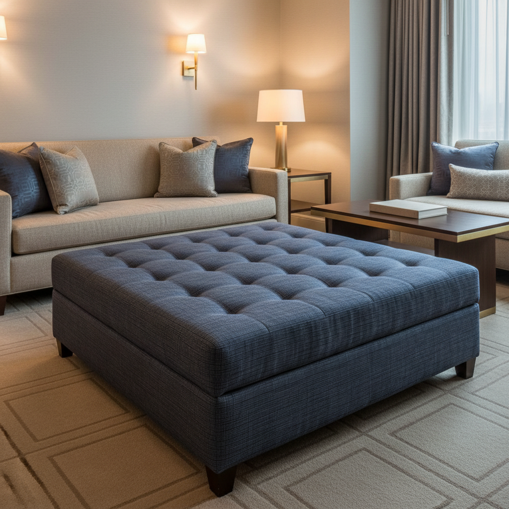Woven Crosshatch Texture Deep Indigo Upholstered Ottoman | Architectural Fabrics