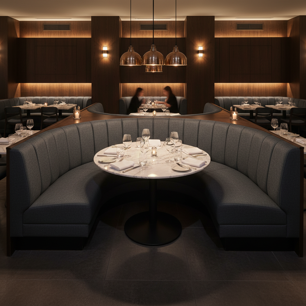 Fine Pebble Grain Deep Charcoal Upholstered Banquette | Architectural Fabrics