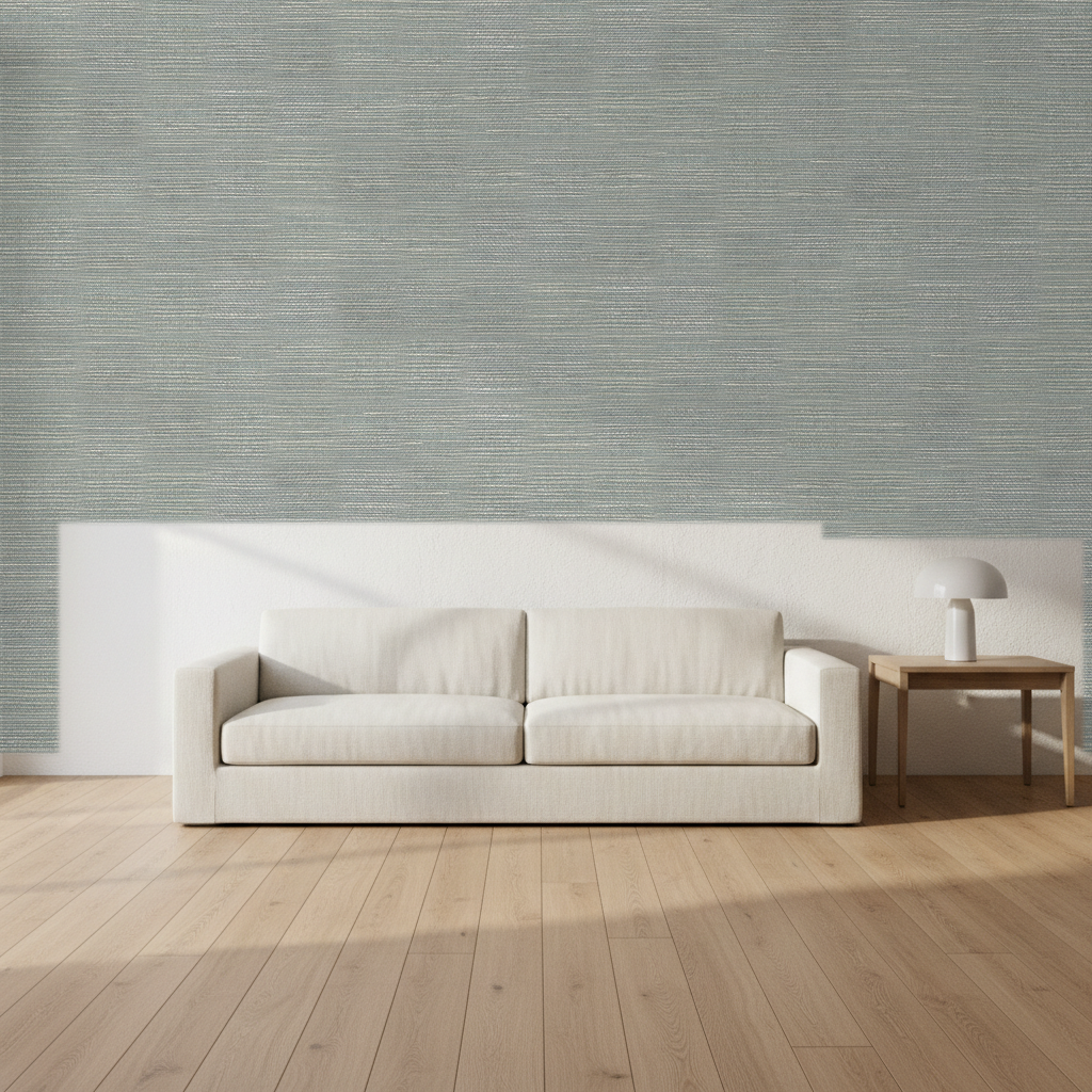 Nantucket Grasscloth Metallic Silver & Bluestone Wallcovering | Phillipe Romano room setting