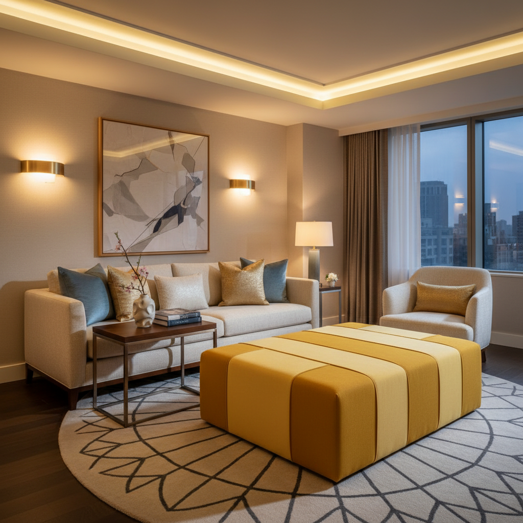 Oilville Yellow Upholstered Ottoman | Architectural Fabrics
