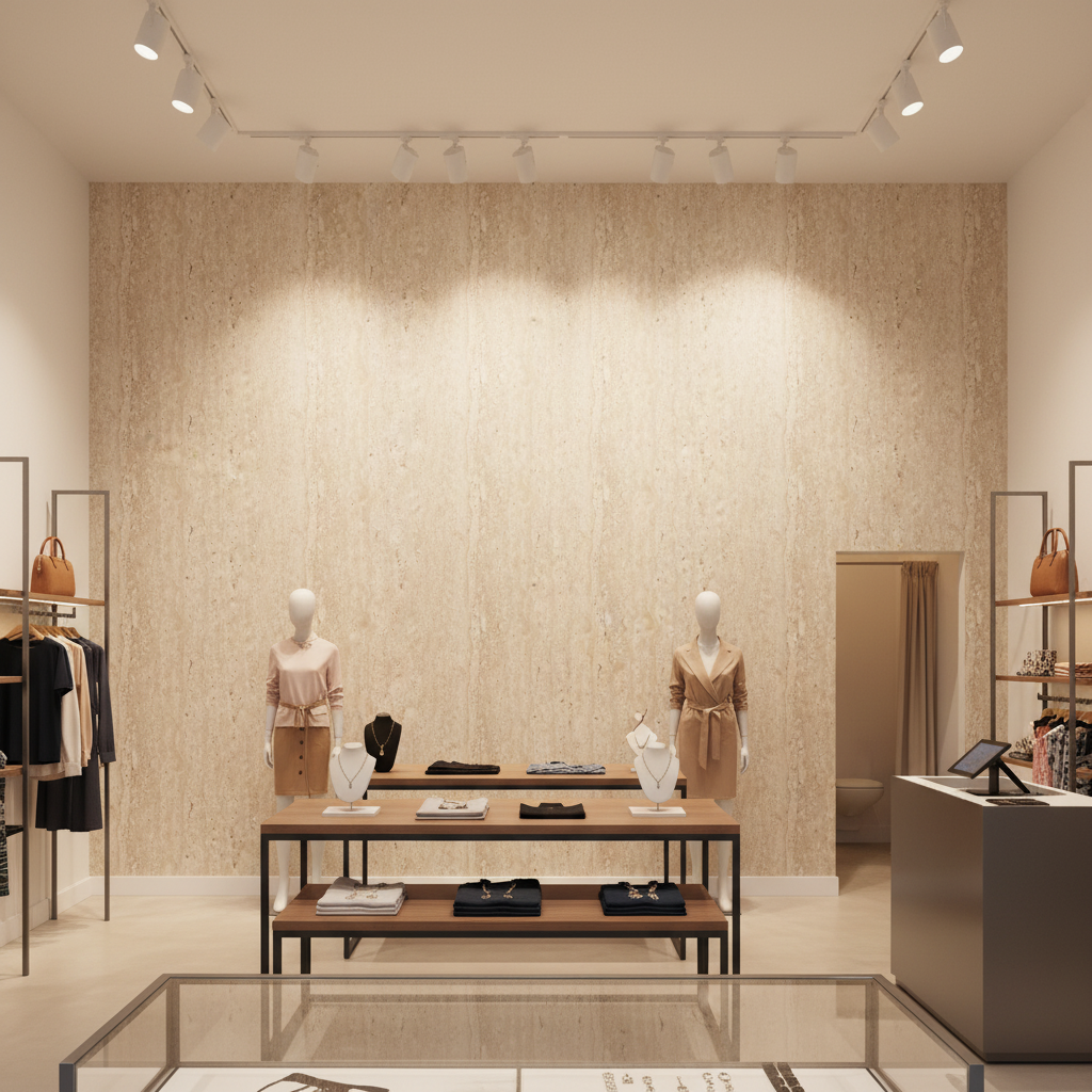 Vomera Cream Faux Granite | Hollywood Wallcoverings - Retail Showroom commercial room setting