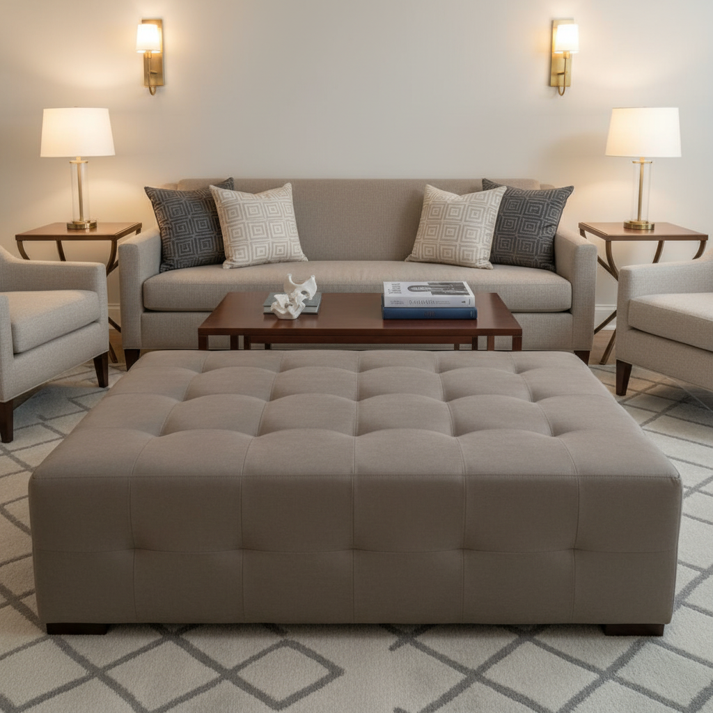 Smooth Solid Texture Mushroom Taupe Upholstered Ottoman | Architectural Fabrics