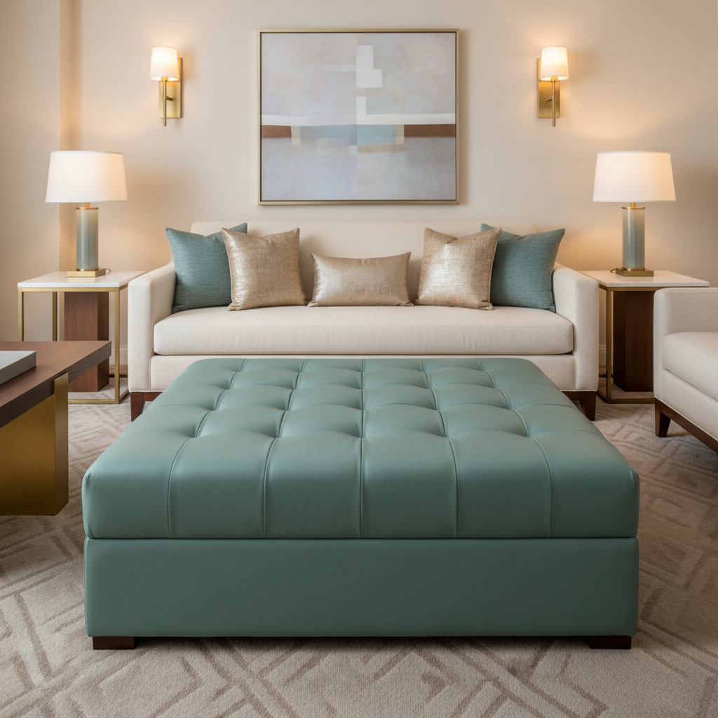 Fine Pebble Grain Seafoam Green Upholstered Ottoman | Architectural Fabrics