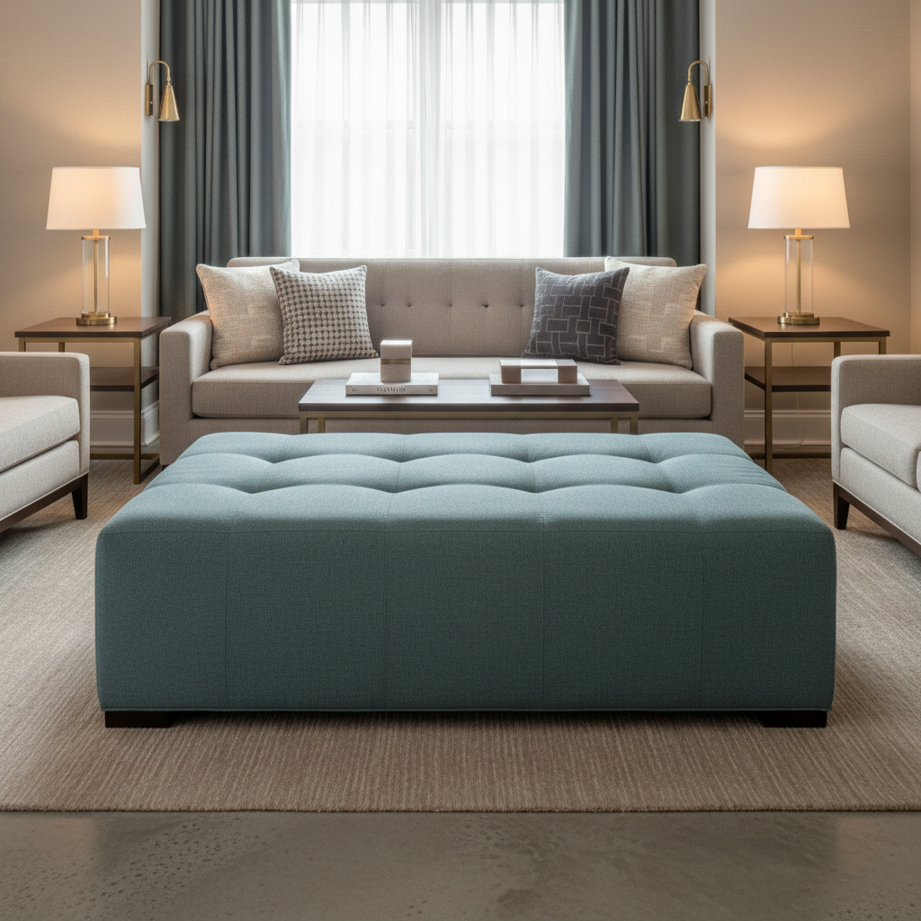 Fine Pebble Grain Dusty Teal Upholstered Ottoman | Architectural Fabrics