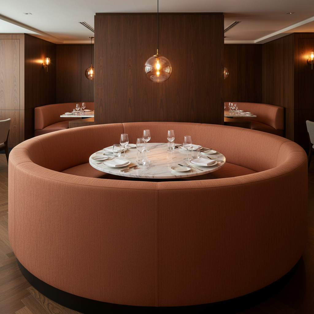 Brushed Vertical Grain Burnt Sienna Upholstered Banquette | Architectural Fabrics