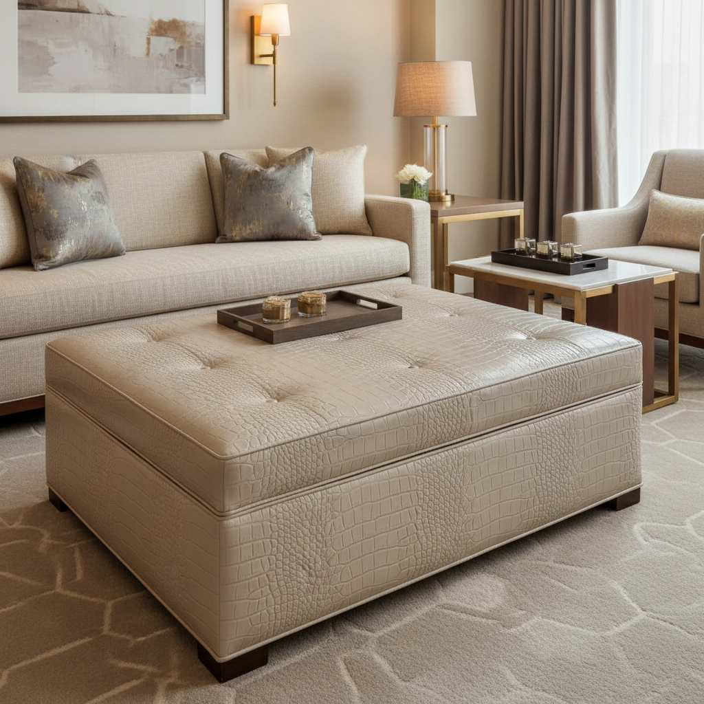 Embossed Reptile Scale Pale Taupe Upholstered Ottoman | Architectural Fabrics