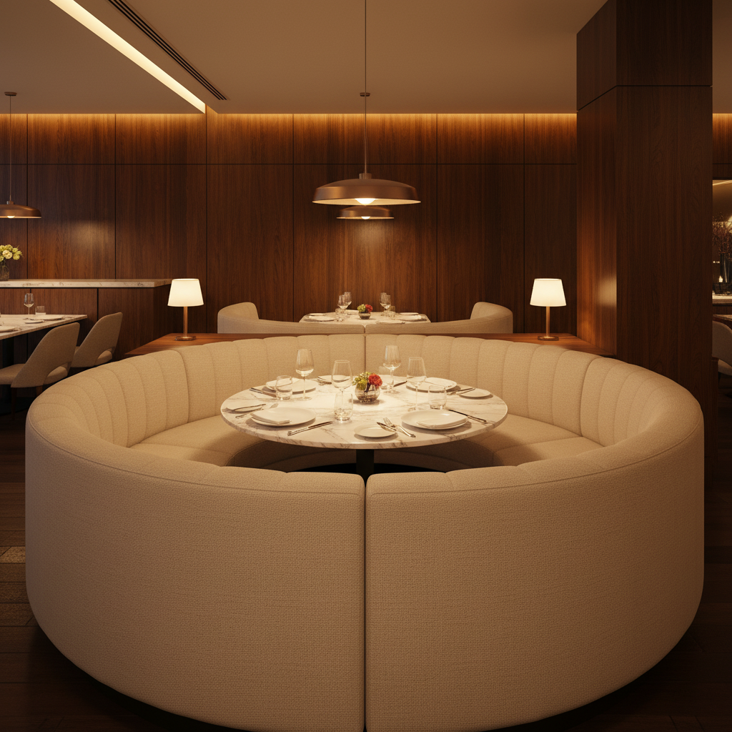 Fine Pebble Grain Soft Sand Upholstered Banquette | Architectural Fabrics