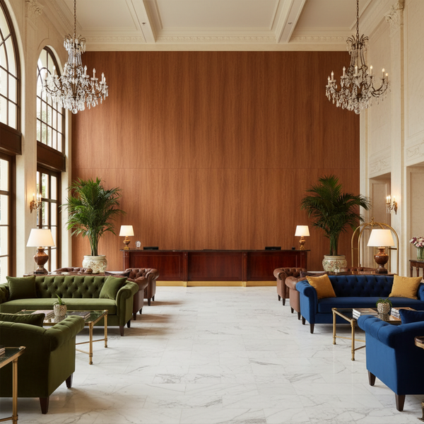 Biscay Bay Whiskey Wood Grain | Hollywood Wallcoverings - Hotel Lobby commercial room setting