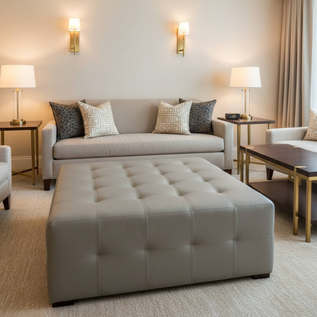 Smooth Solid Surface Soft Gray Upholstered Ottoman | Architectural Fabrics