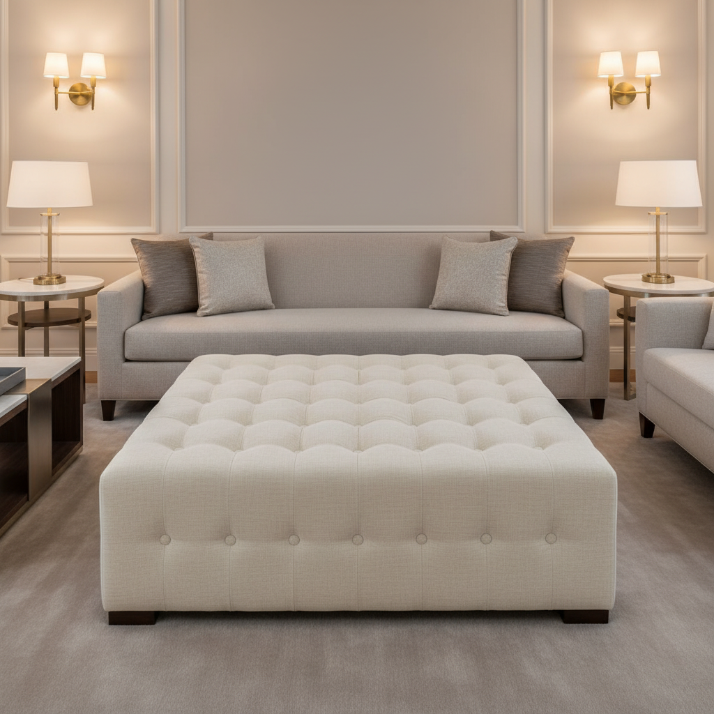 Subtle Textured Surface Soft Ivory Upholstered Ottoman | Architectural Fabrics