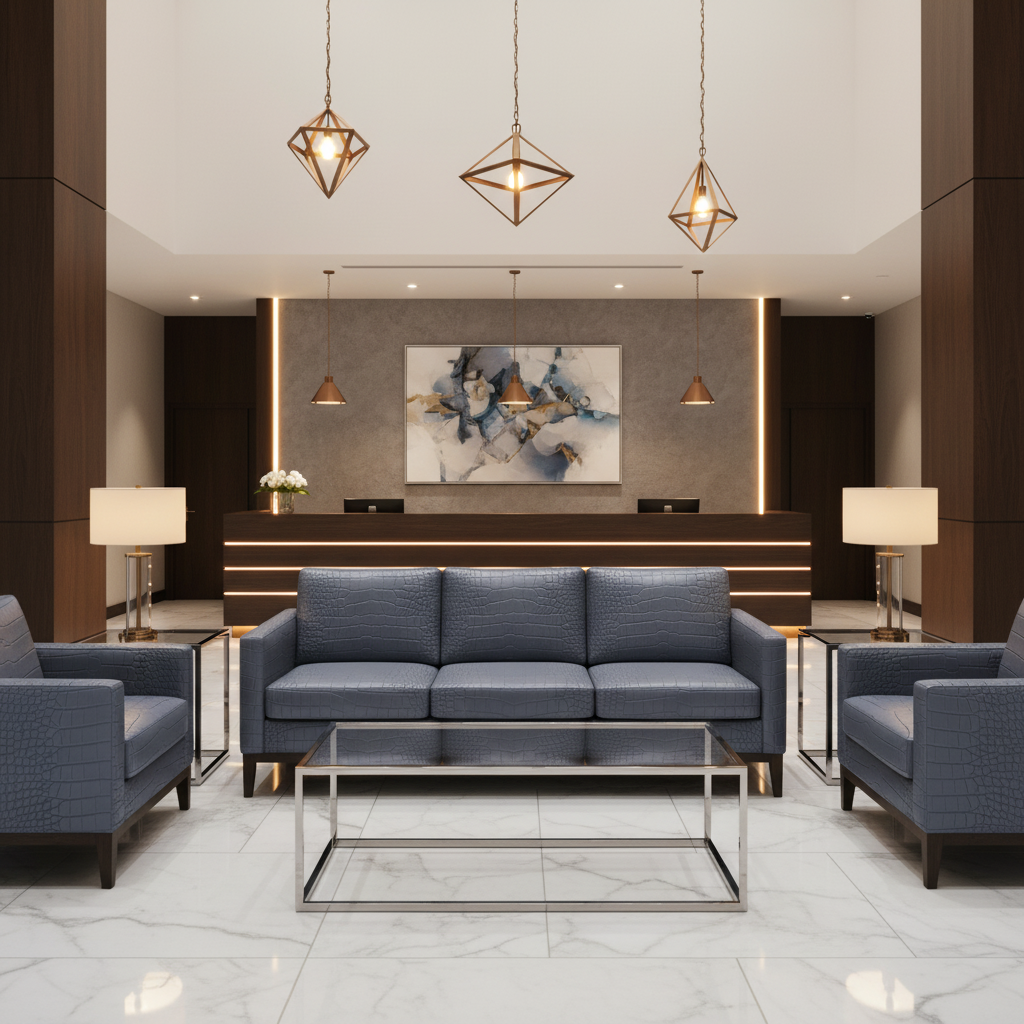 Embossed Crocodile Skin Slate Blue Upholstered Sofa | Architectural Fabrics