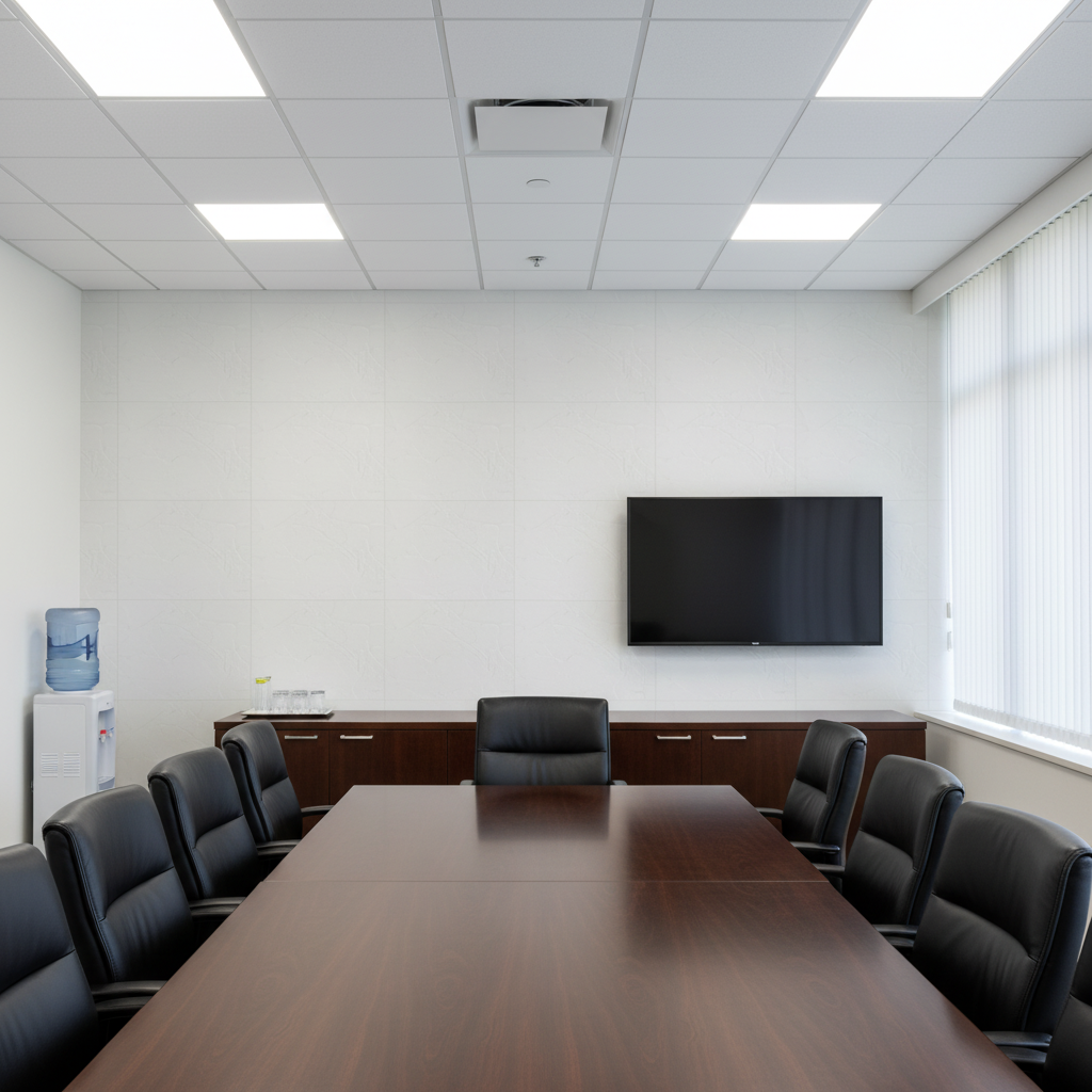 Vomera Snow White Faux Travertine | Hollywood Wallcoverings - Conference Room commercial room setting