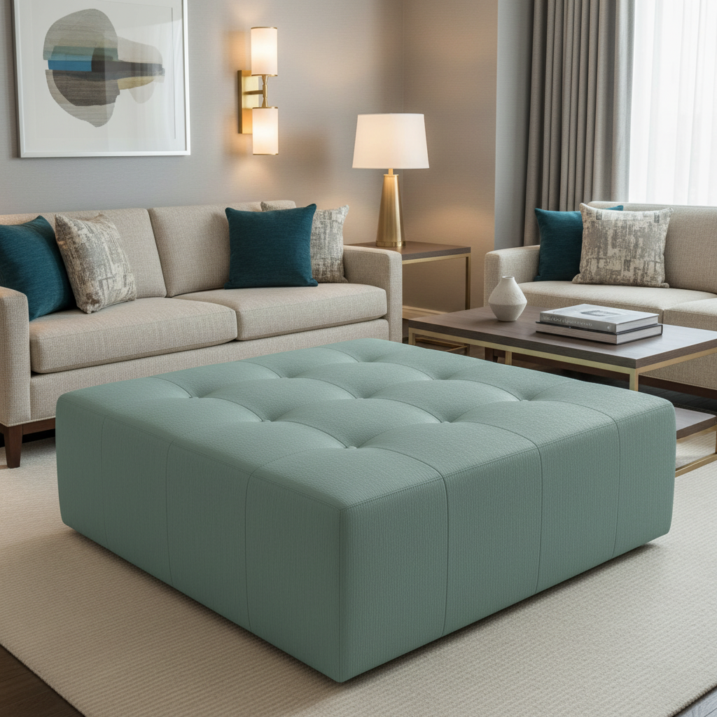 Fine Ribbed Texture Seafoam Green Upholstered Ottoman | Architectural Fabrics