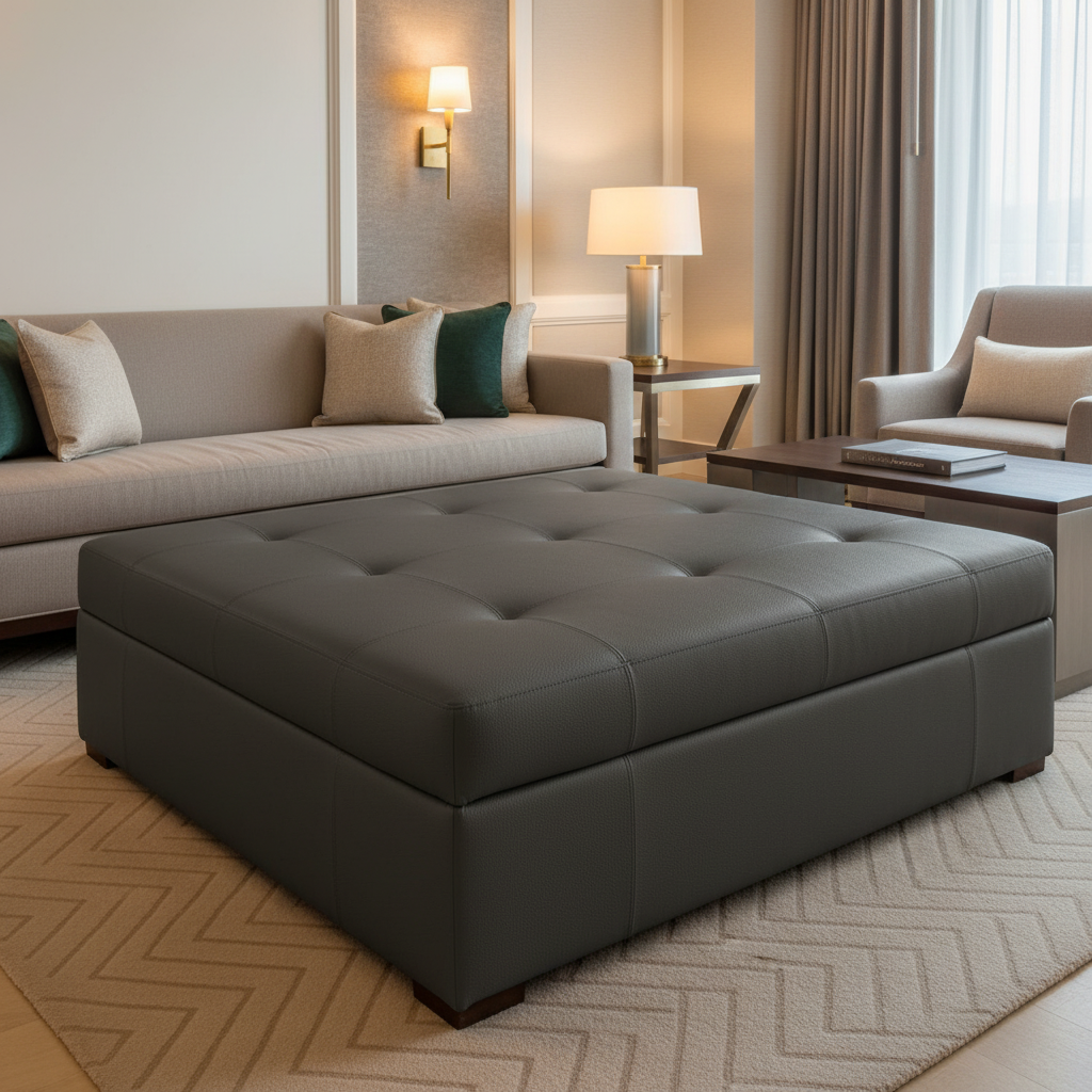 Fine Pebble Grain Deep Charcoal Upholstered Ottoman | Architectural Fabrics
