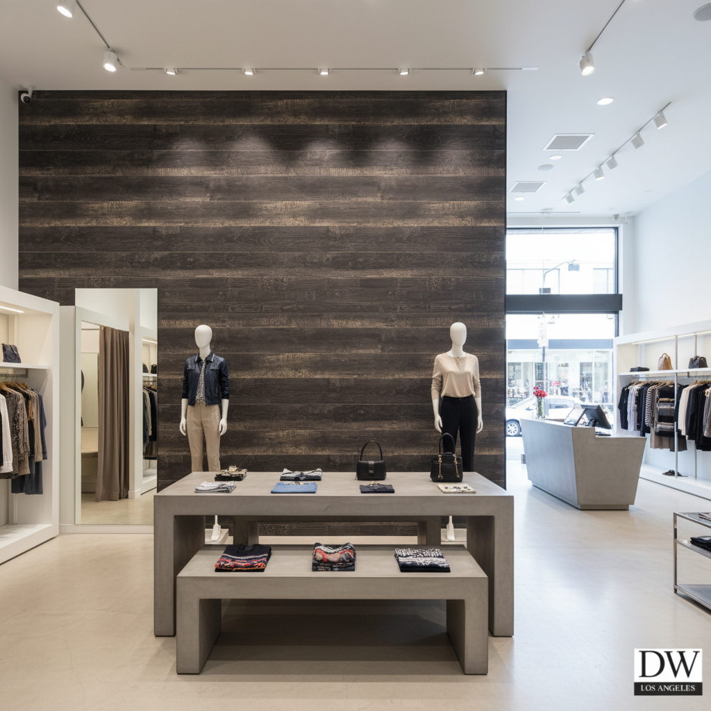Bosa Marina Midnight Wood Plank | Hollywood Wallcoverings - Retail Showroom commercial room setting