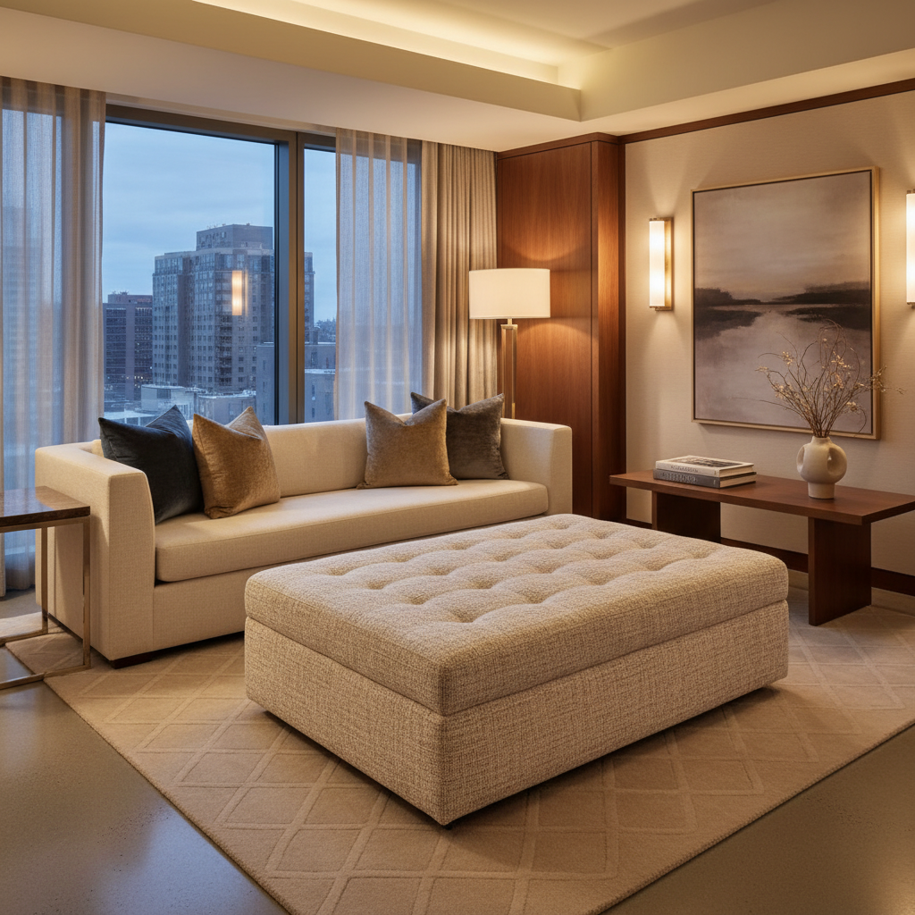 Irvington Champagne Upholstered Ottoman | Architectural Fabrics