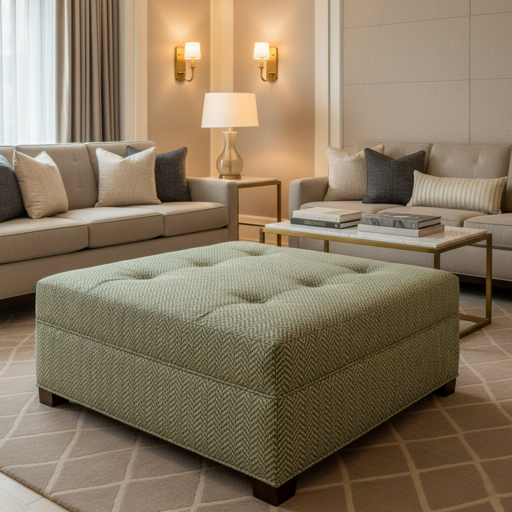 Chevron Woven Texture Sage Green Upholstered Ottoman | Architectural Fabrics