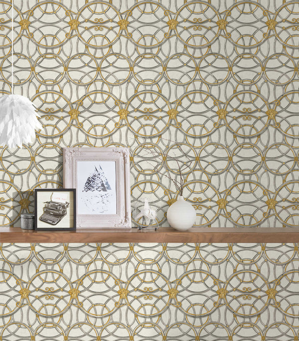Medusa Circle Gold, Silver, White Wallcovering | Versace
