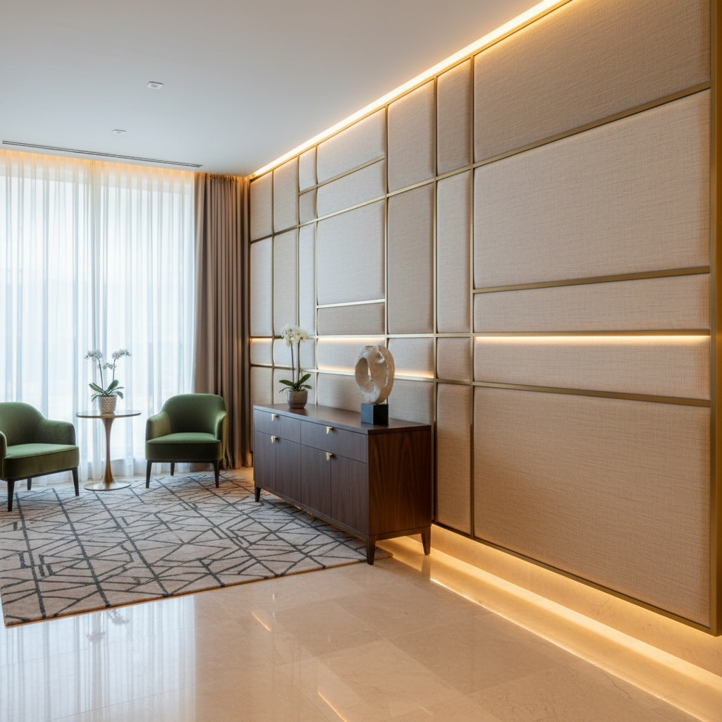 Elkton Barley Transitional ivory & cream Upholstered Wall Panel | Architectural Fabrics