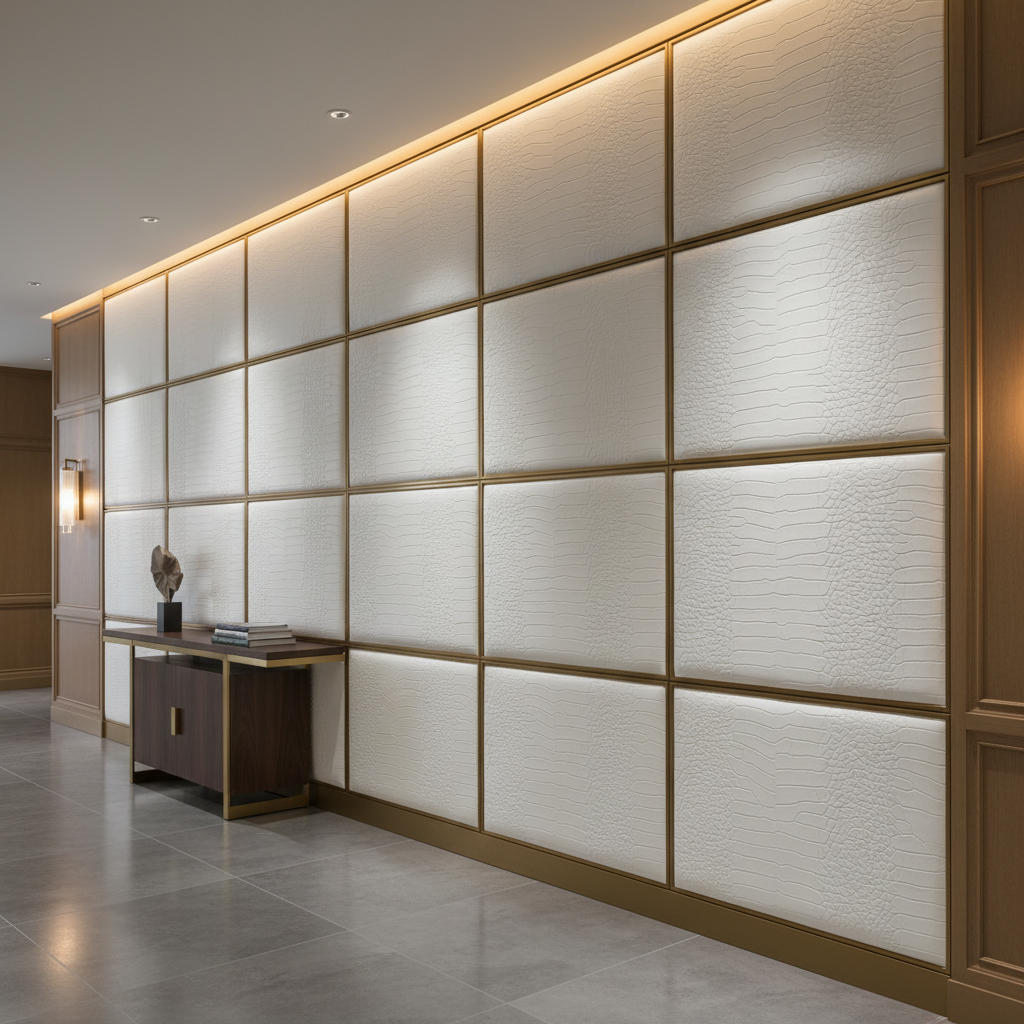 Embossed Reptile Skin Bright White Upholstered Wall Panel | Architectural Fabrics