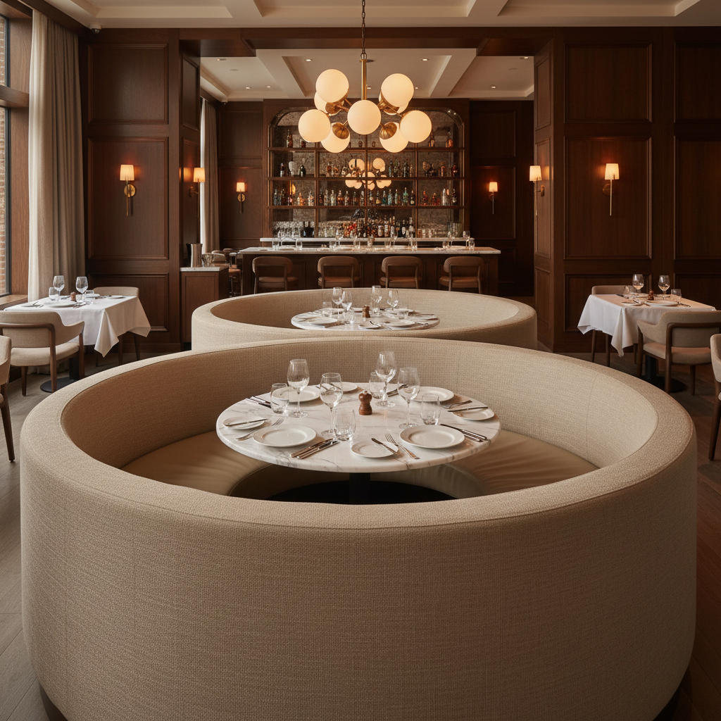 Subtle Pebble Grain Soft Sand Upholstered Banquette | Architectural Fabrics