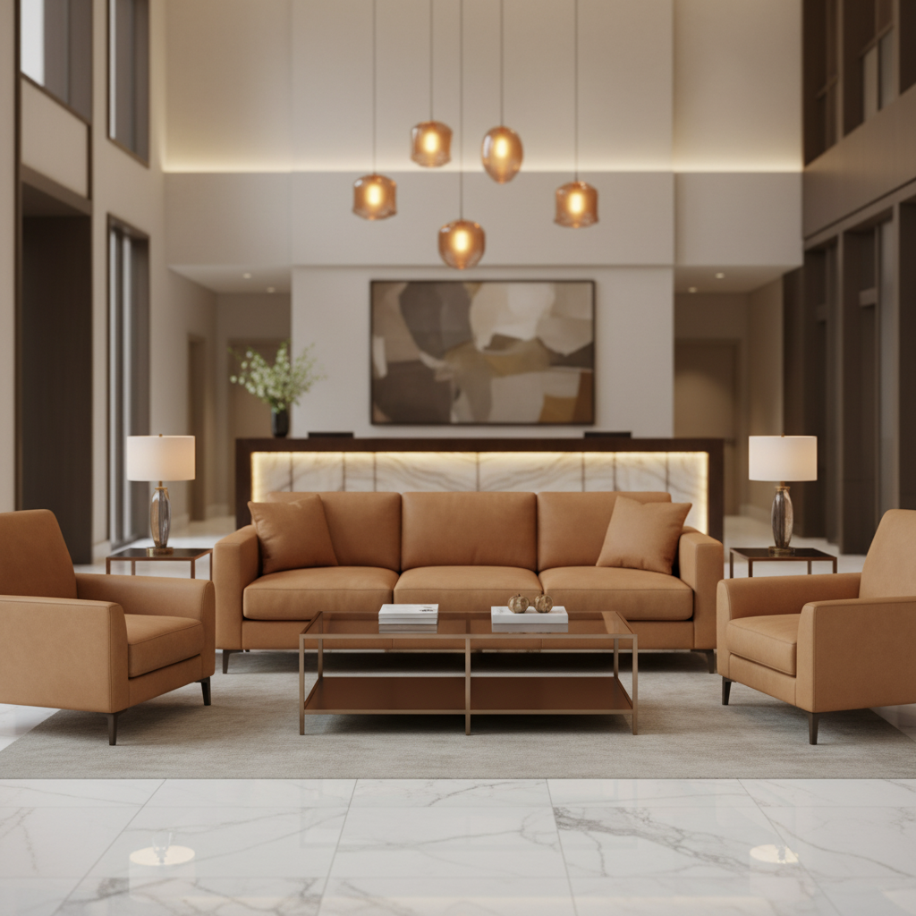 Smooth Leather Grain Caramel Tan Upholstered Sofa | Architectural Fabrics