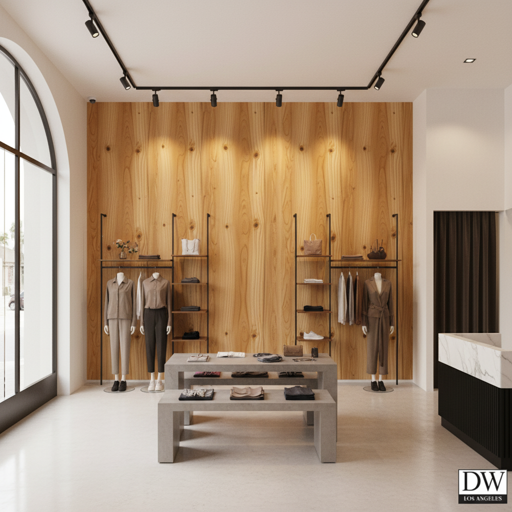 Bosa Marina Pine Wood Grain | Hollywood Wallcoverings - Retail Showroom commercial room setting