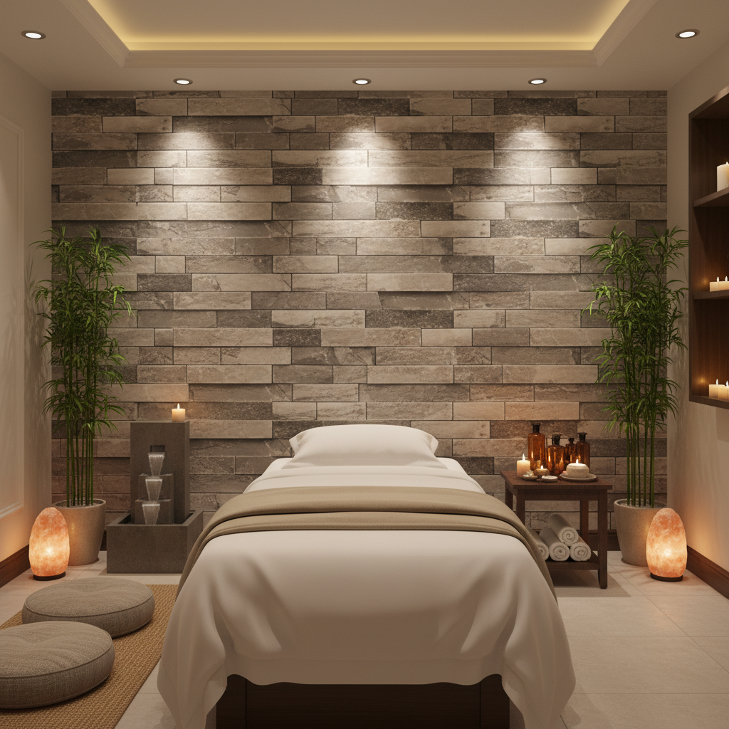 Vomera Aged Travertine Faux Tile | Hollywood Wallcoverings - Healthcare Waiting Room commercial room setting