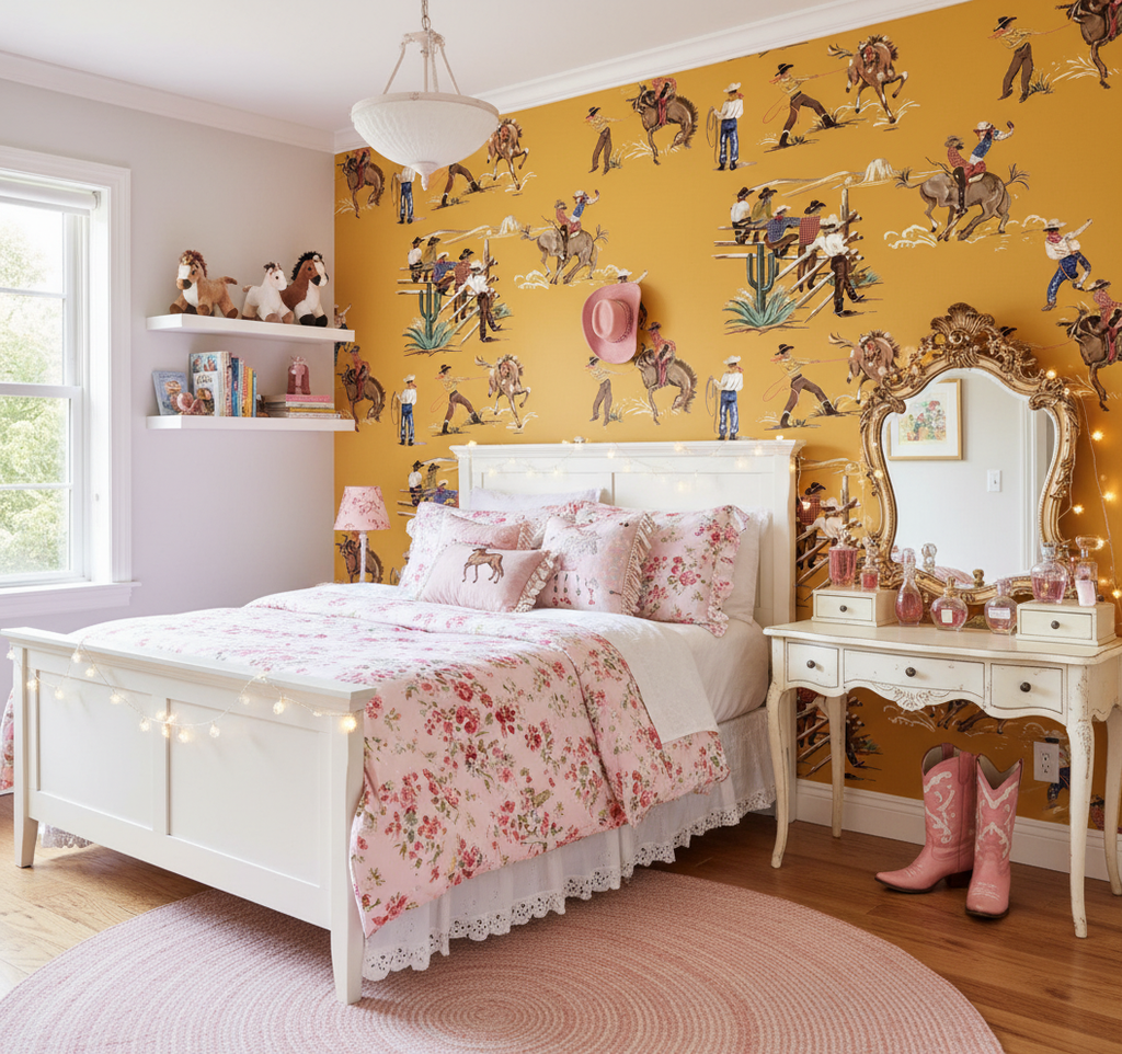 The Original Yeeha 1950's Cowboy - Mustard Mid-Century Modern | Architectural Wallcoverings - Girls Bedroom Room Setting