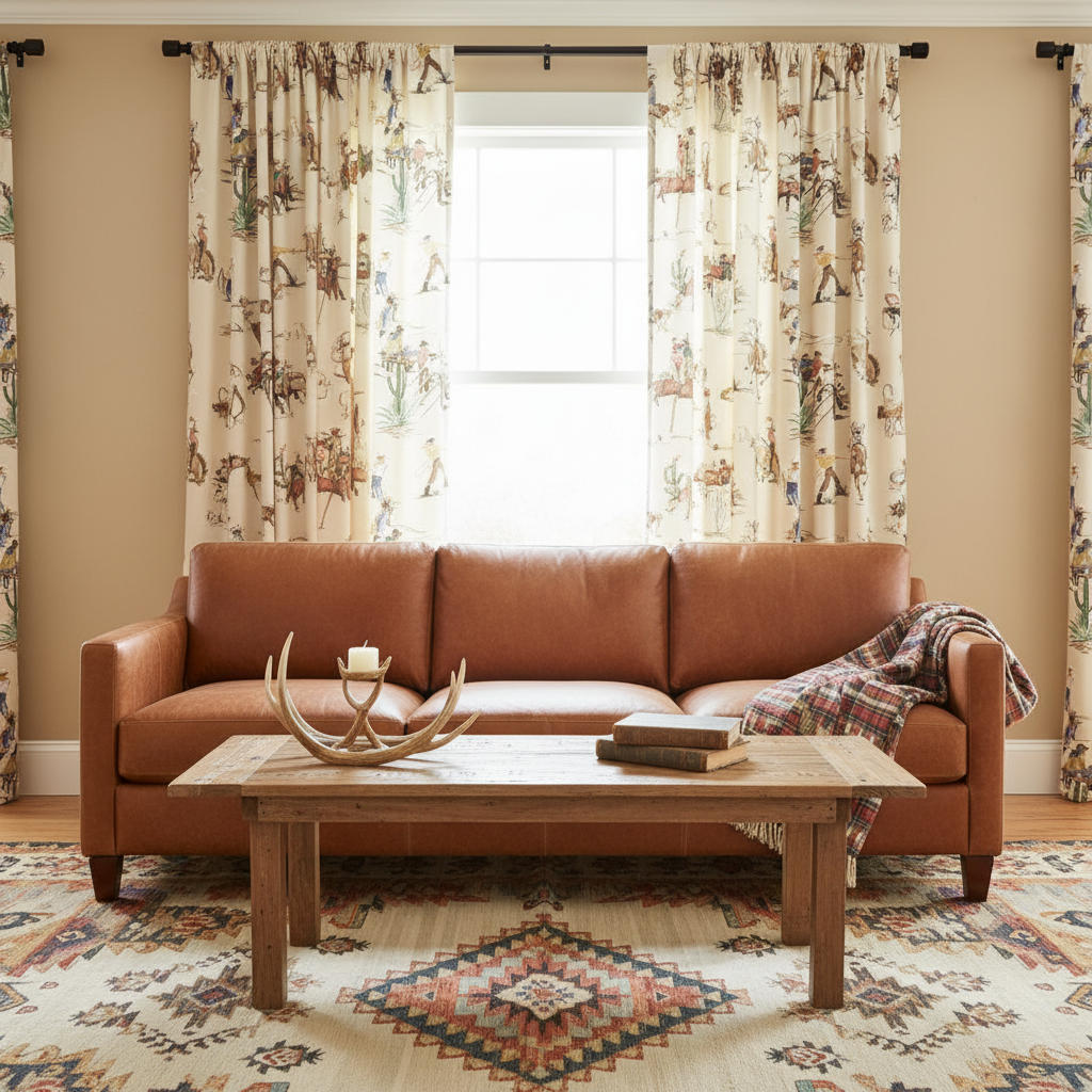 Yeeha Cowboy Organic Cotton Sateen Fabric - Cream - Cowboy Drapes Living Room Setting