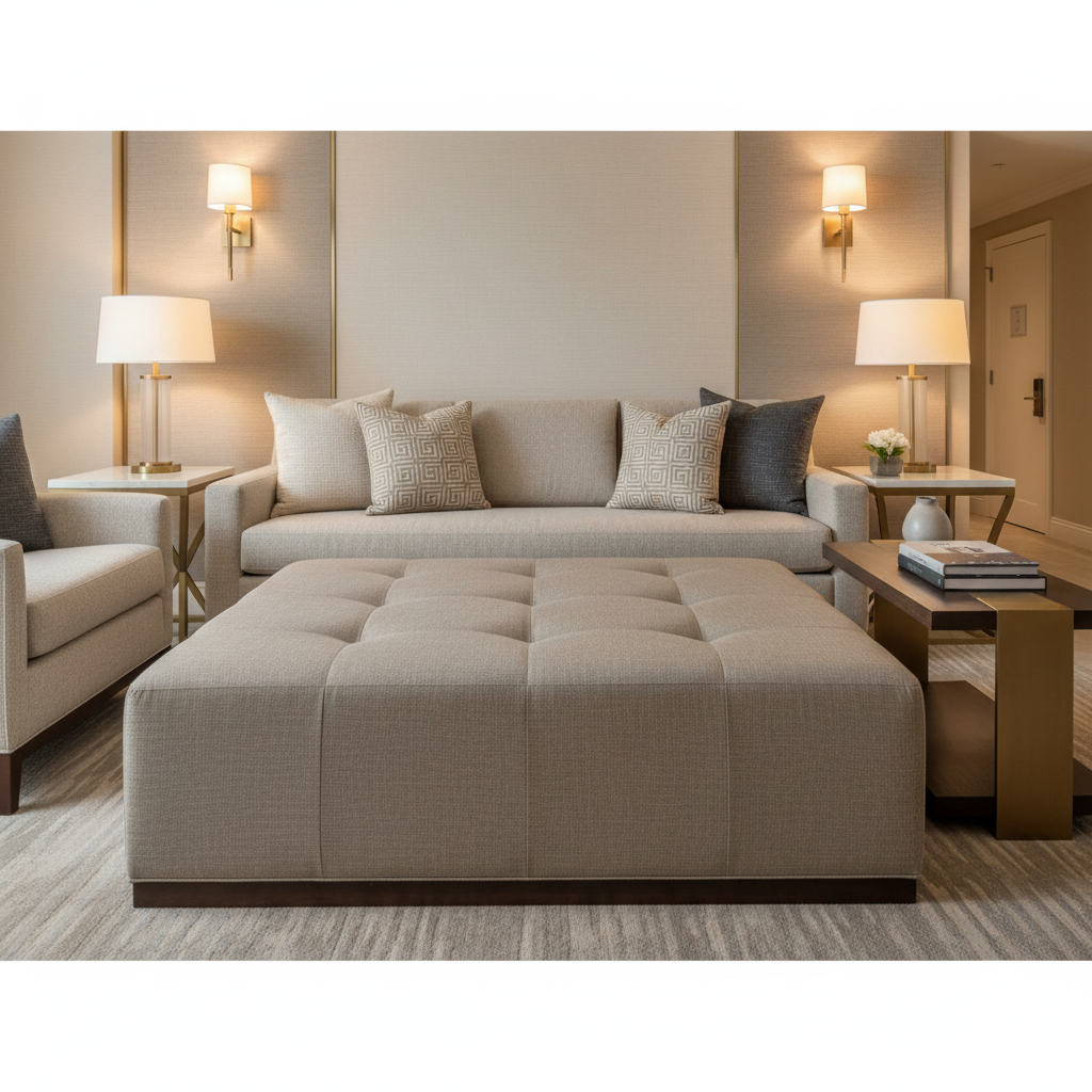 Subtle Linen Weave Taupe Mist Upholstered Ottoman | Architectural Fabrics