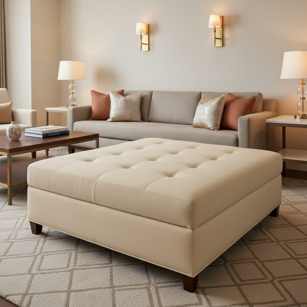 Smooth Pebble Grain Creamy Beige Upholstered Ottoman | Architectural Fabrics